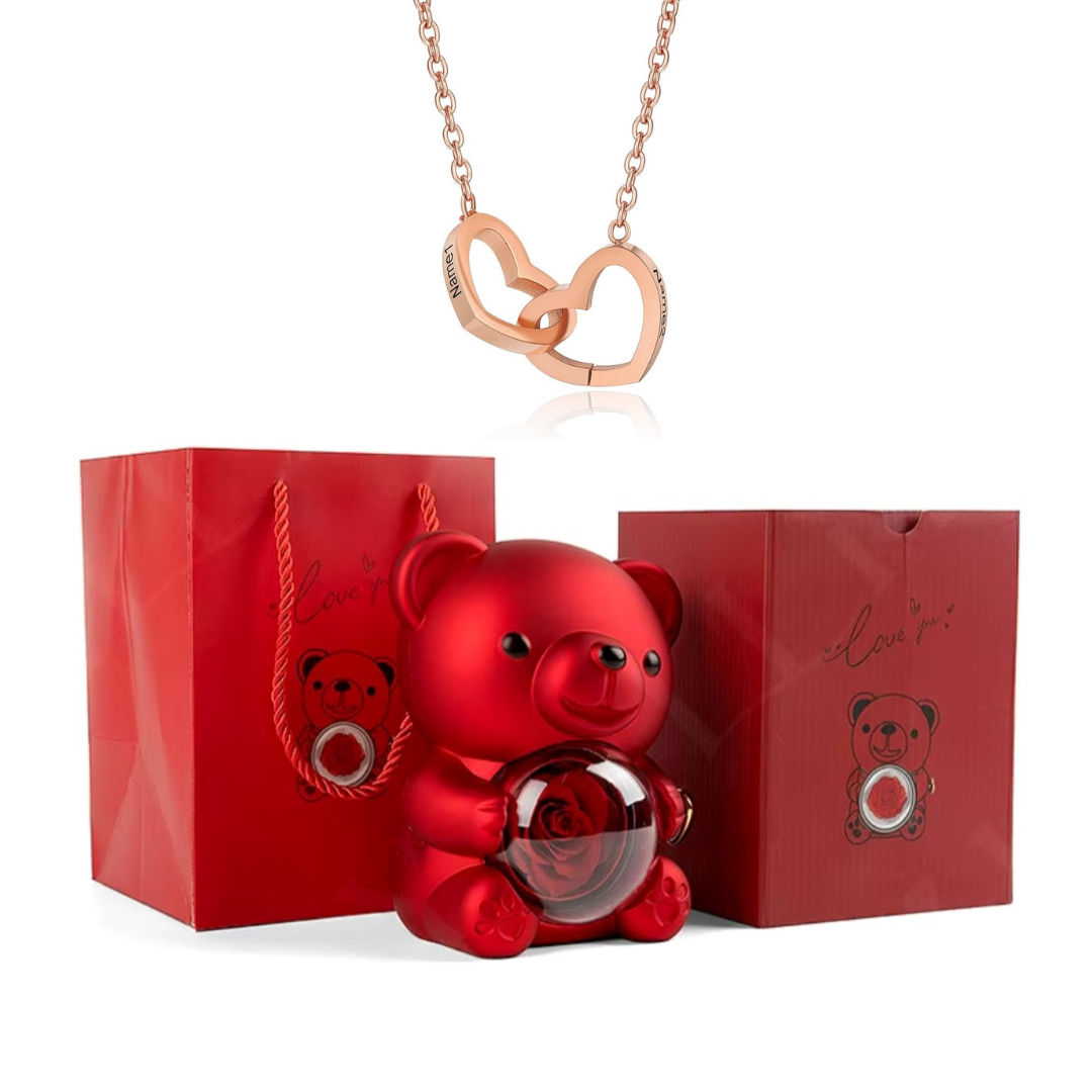 Kit Amor Eterno: Colar Dueto Personalizado + Urso com Rosa Eternizada
