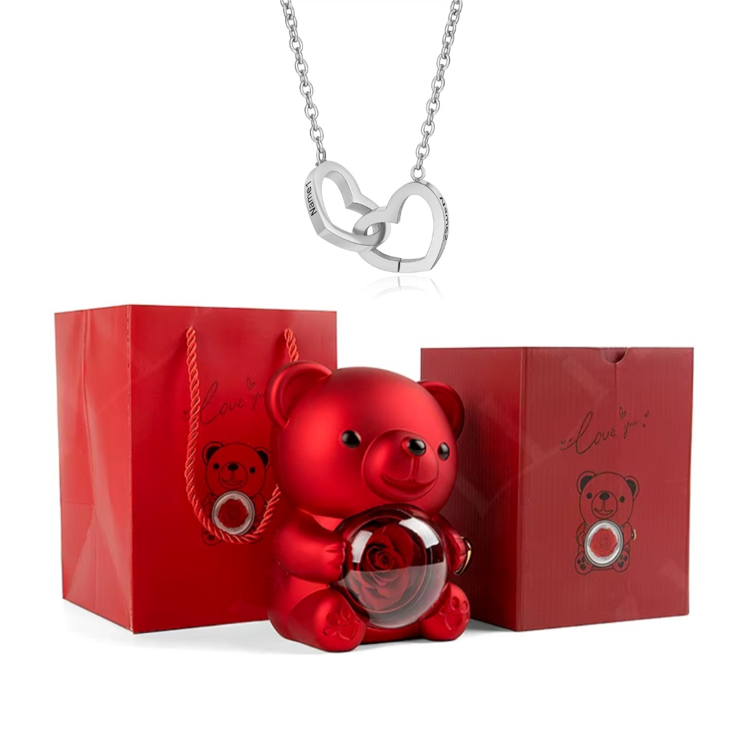 Kit Amor Eterno: Colar Dueto Personalizado + Urso com Rosa Eternizada