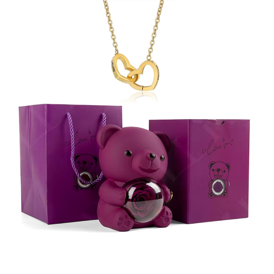 Kit Amor Eterno: Colar Dueto Personalizado + Urso com Rosa Eternizada