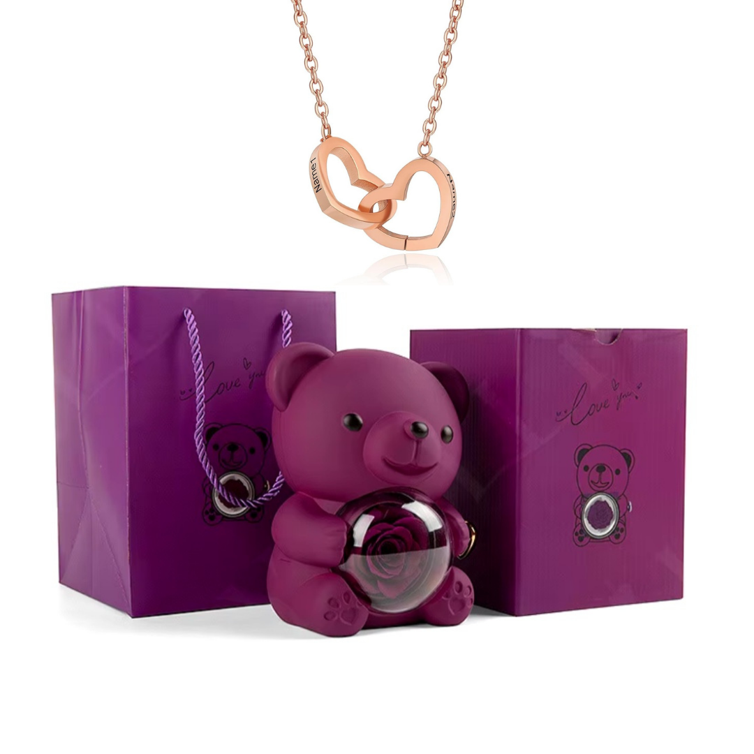 Kit Amor Eterno: Colar Dueto Personalizado + Urso com Rosa Eternizada