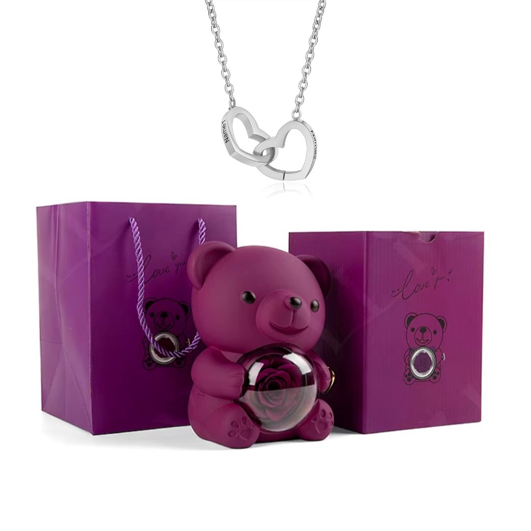 Kit Amor Eterno: Colar Dueto Personalizado + Urso com Rosa Eternizada