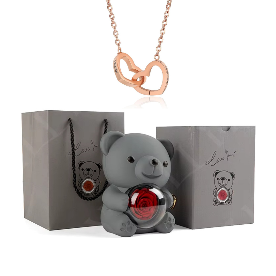 Colar Dueto de Amor & Urso com Rosa Eternizada + Nomes Gravados!🧸 - Aurora Express
