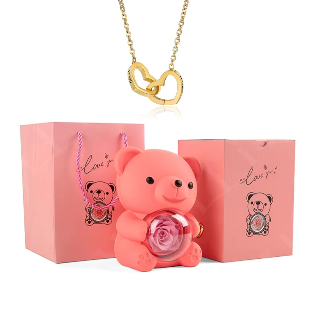Kit Amor Eterno: Colar Dueto Personalizado + Urso com Rosa Eternizada