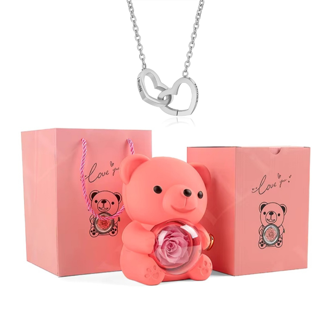 Kit Amor Eterno: Colar Dueto Personalizado + Urso com Rosa Eternizada
