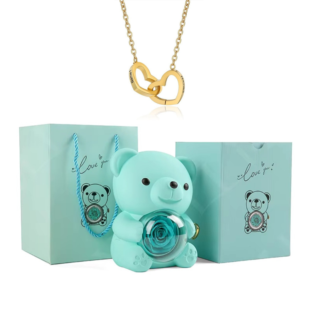 Kit Amor Eterno: Colar Dueto Personalizado + Urso com Rosa Eternizada