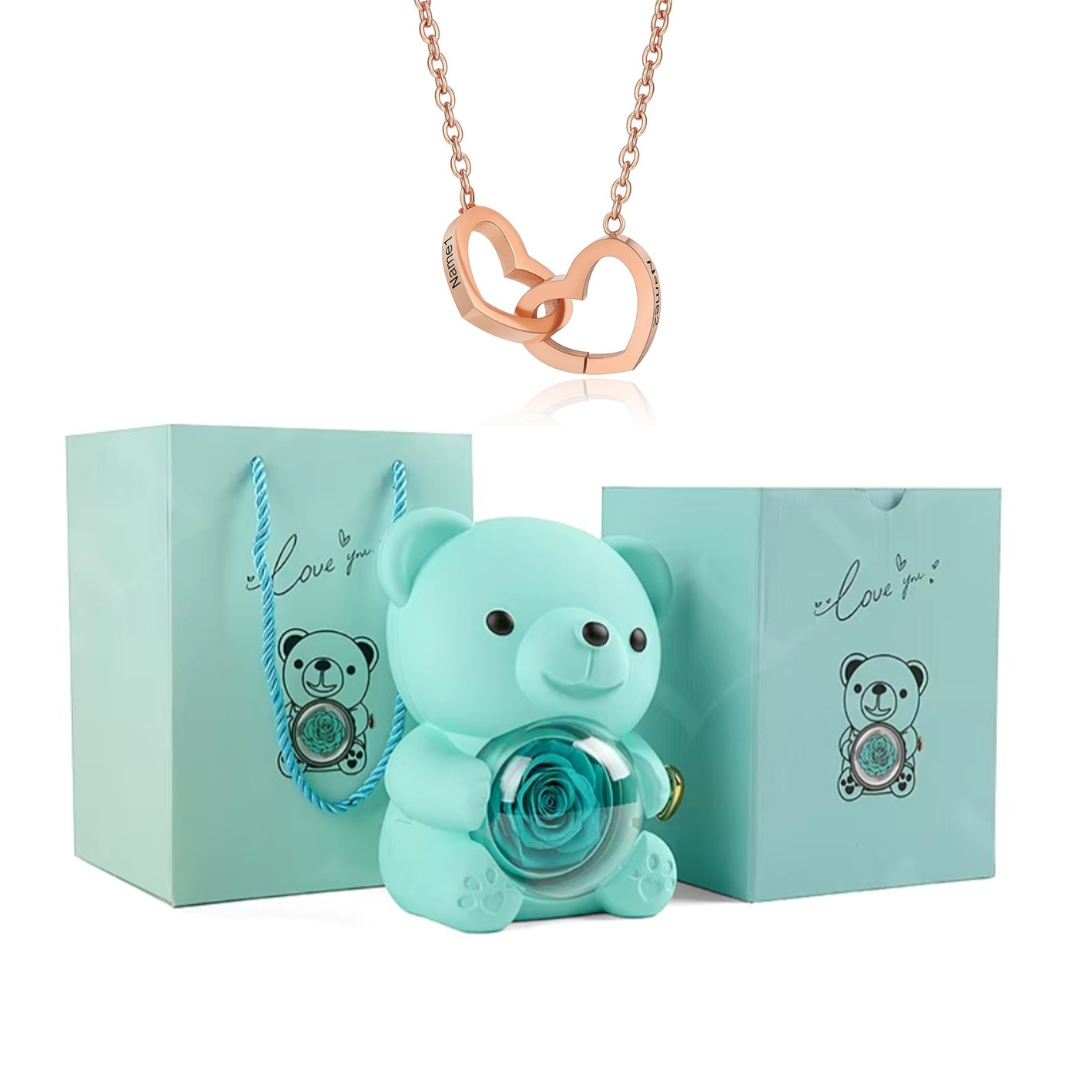 Kit Amor Eterno: Colar Dueto Personalizado + Urso com Rosa Eternizada
