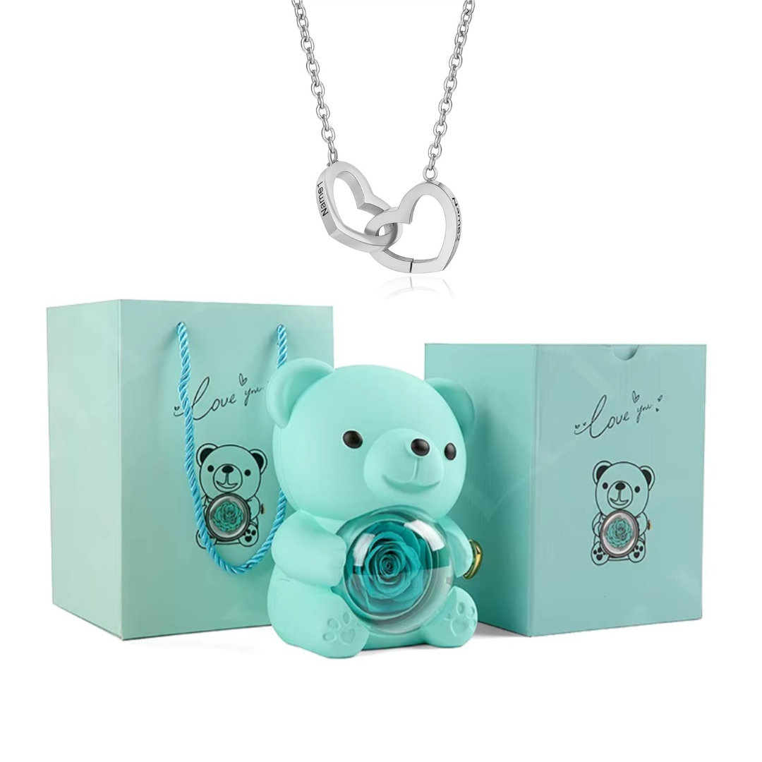 Kit Amor Eterno: Colar Dueto Personalizado + Urso com Rosa Eternizada
