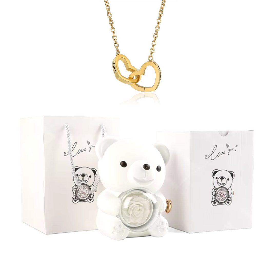Kit Amor Eterno: Colar Dueto Personalizado + Urso com Rosa Eternizada