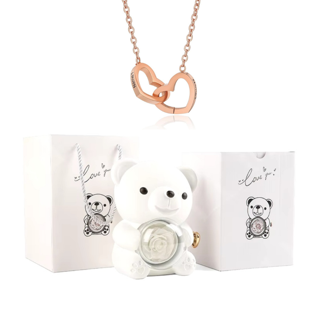 Kit Amor Eterno: Colar Dueto Personalizado + Urso com Rosa Eternizada