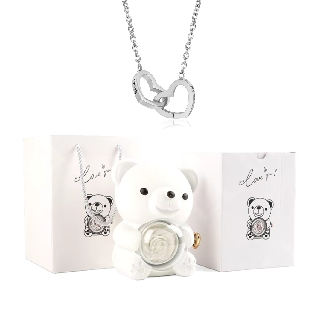 Kit Amor Eterno: Colar Dueto Personalizado + Urso com Rosa Eternizada