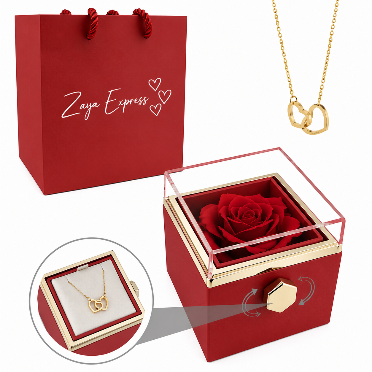 Colar Dois Corações Personalizado + Caixa Rotativa com Rosa Eterna