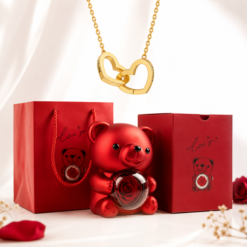 Kit Amor Eterno , Colar dueto + urso com rosa eternizada