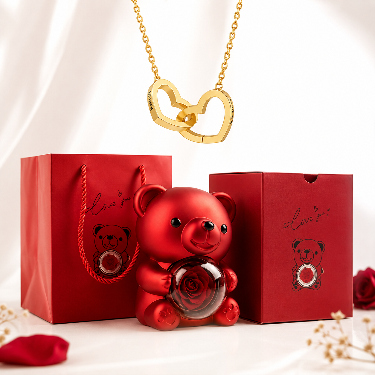Kit Amor Eterno: Colar Dueto Personalizado + Urso com Rosa Eternizada