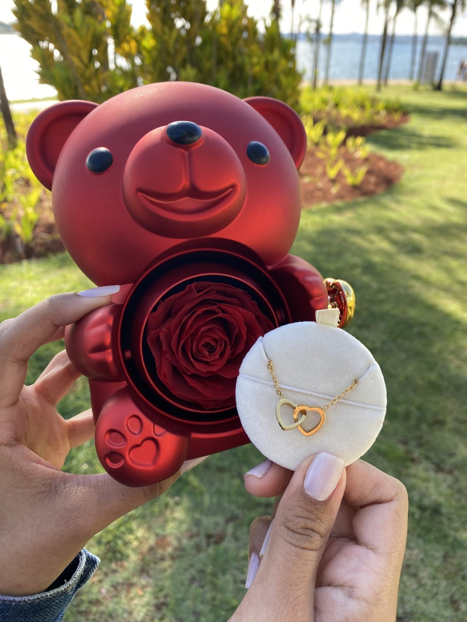 Kit Amor Eterno: Colar Dueto Personalizado + Urso com Rosa Eternizada