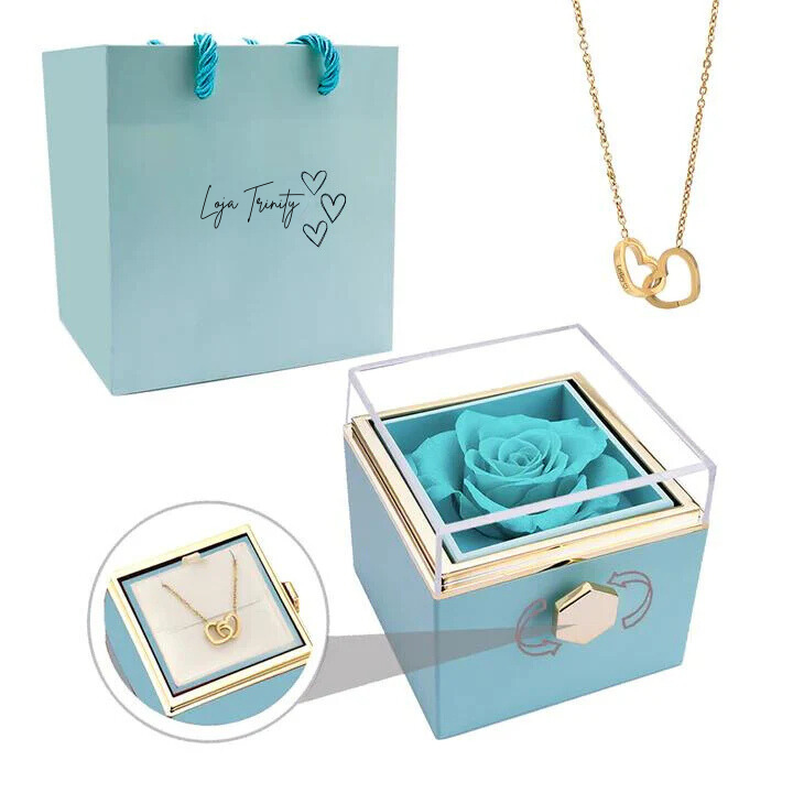 Colar Dois Corações + Caixa Rotativa com Rosa Eterna | Kit Completo!