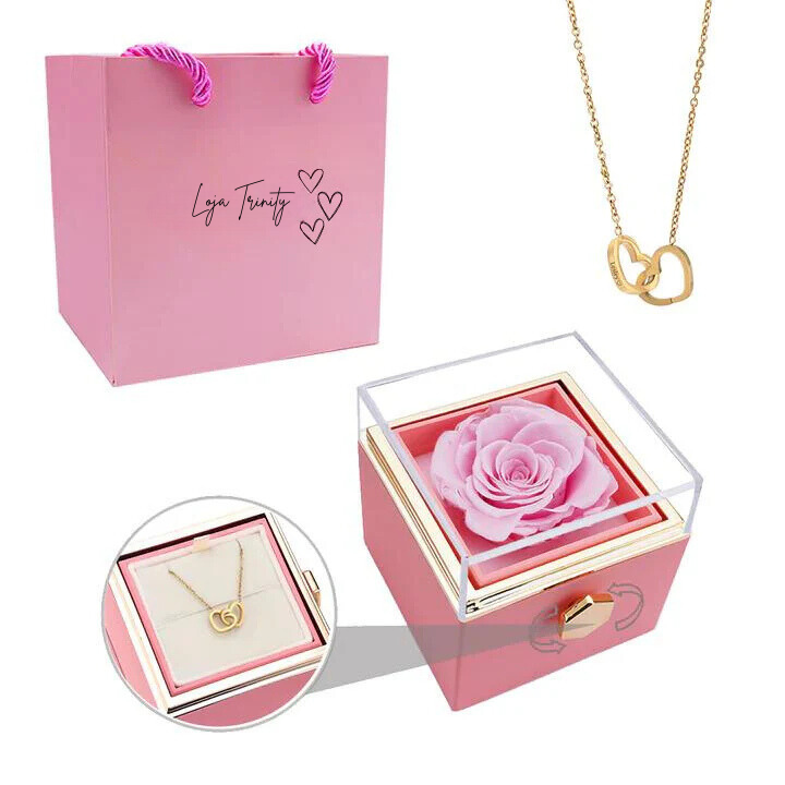 Colar Dois Corações + Caixa Rotativa com Rosa Eterna | Kit Completo!